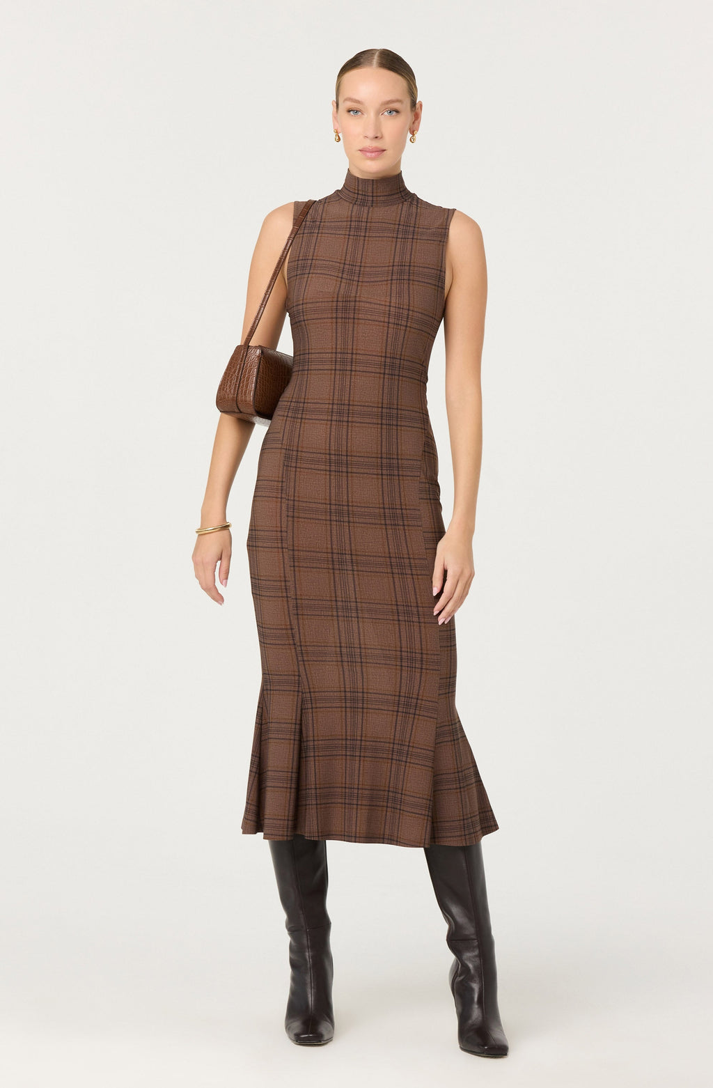 Leigha Mock-Neck Plaid Midi Dress