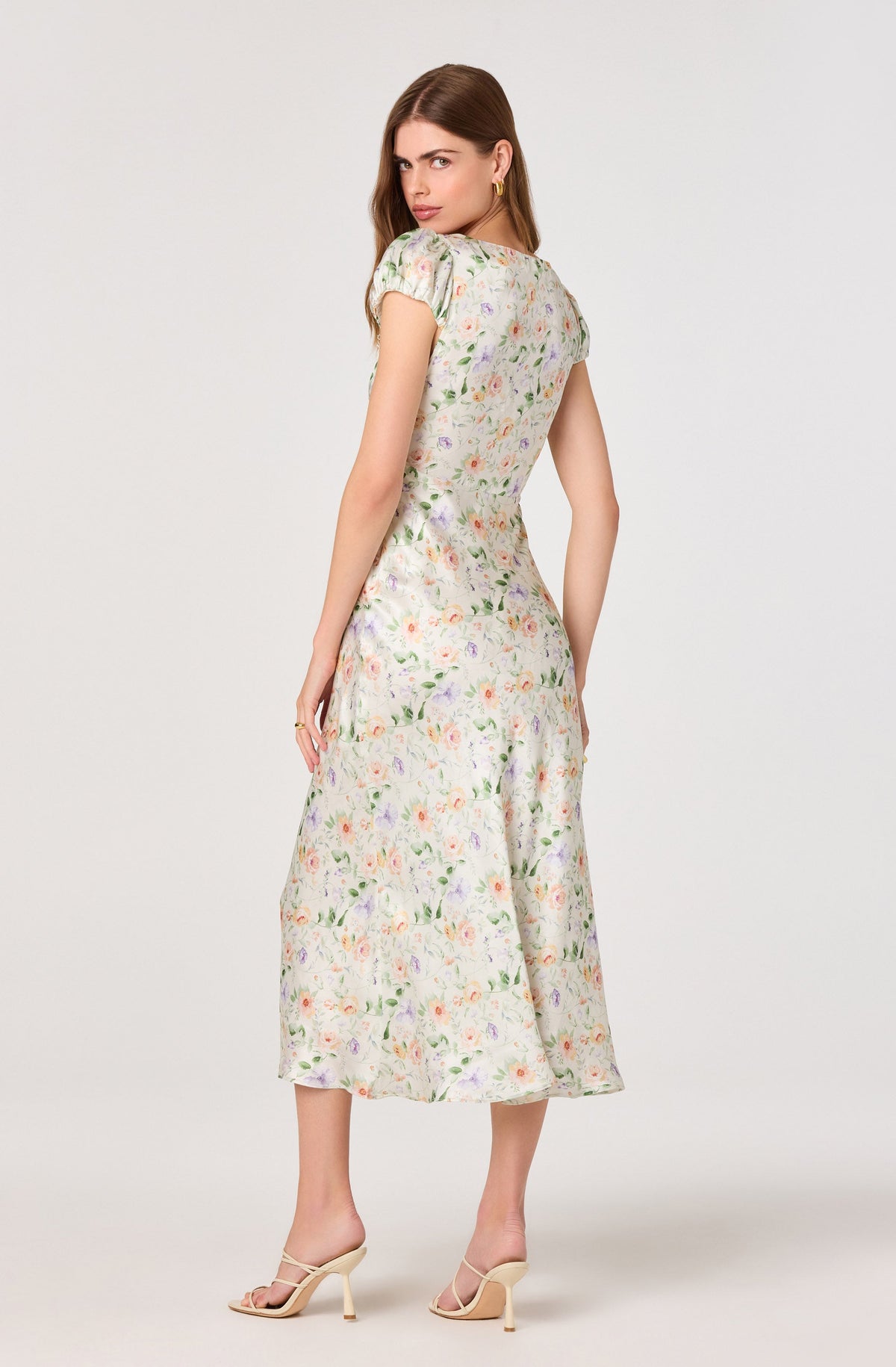 Makaela Puff Sleeve Floral Satin Midi Dress