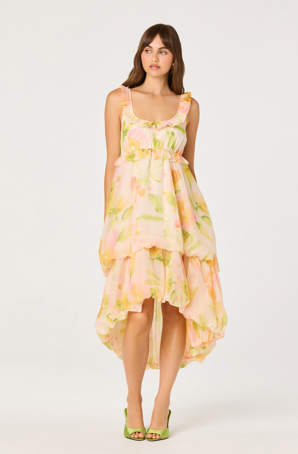 Serenidy Floral Ruffle Tiered High-Low Midi Dress
