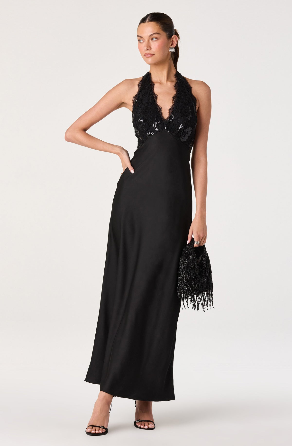 Thyri Sequin Lace Halter Maxi Dress