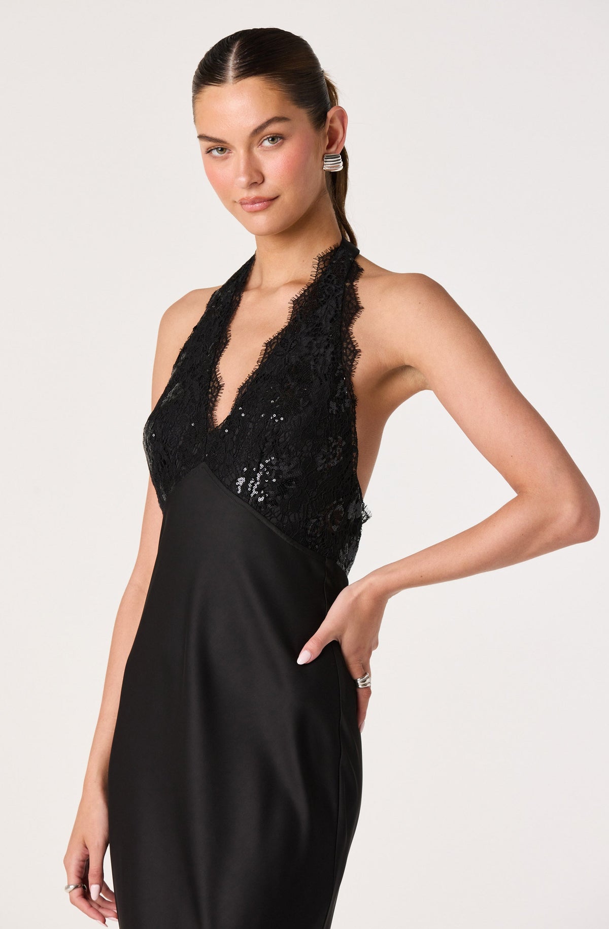 Thyri Sequin Lace Halter Maxi Dress