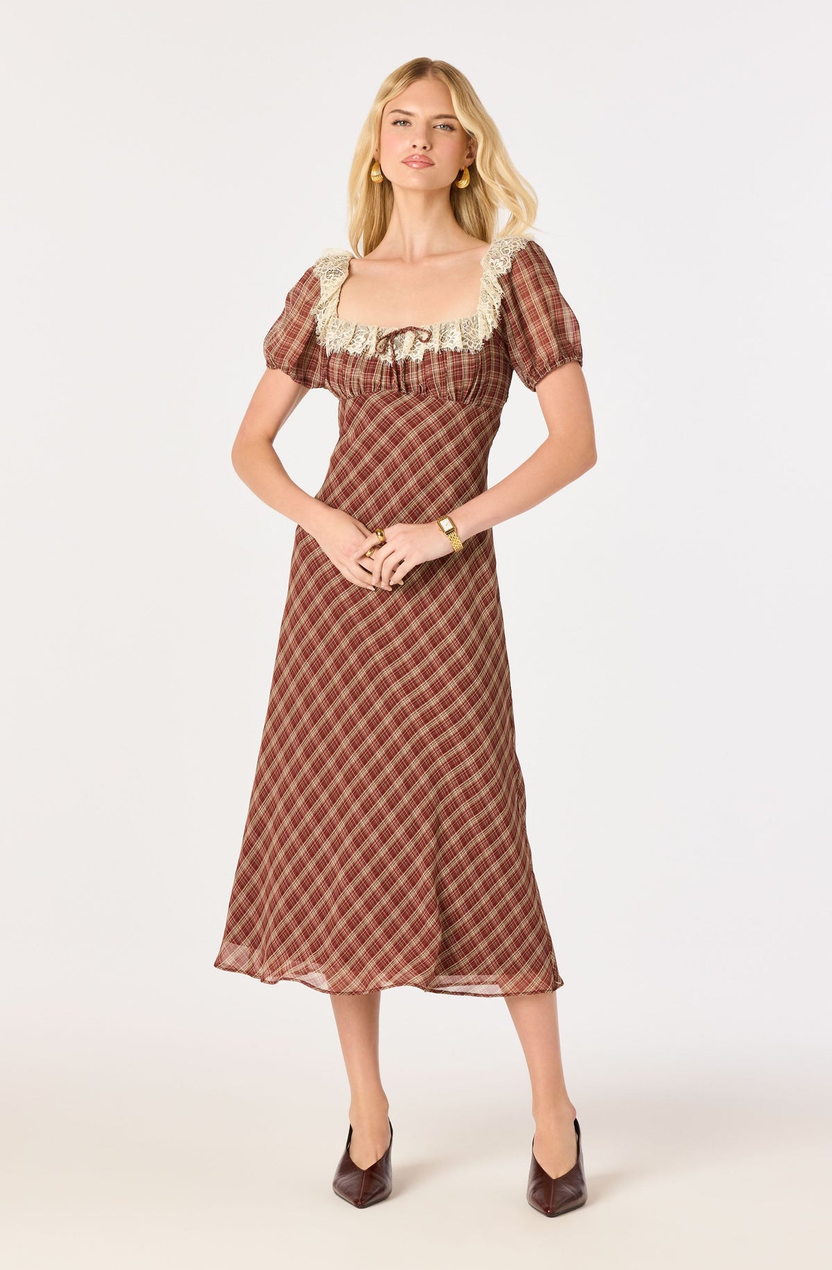 Edwardine Plaid Puff Sleeve Midi Dress