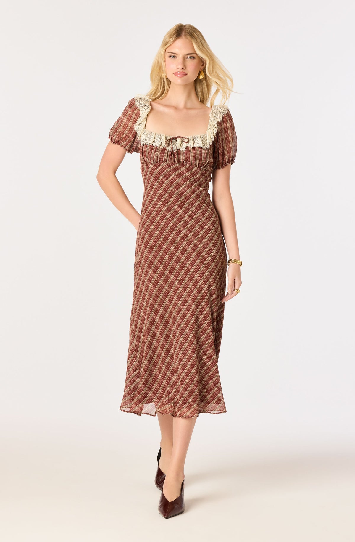 Edwardine Plaid Puff Sleeve Midi Dress