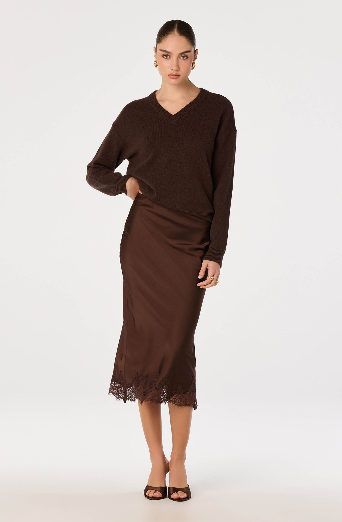 Blossom Satin Lace-Trim Midi Skirt