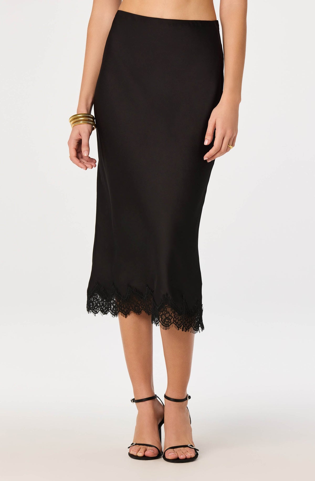 Blossom Satin Lace-Trim Midi Skirt