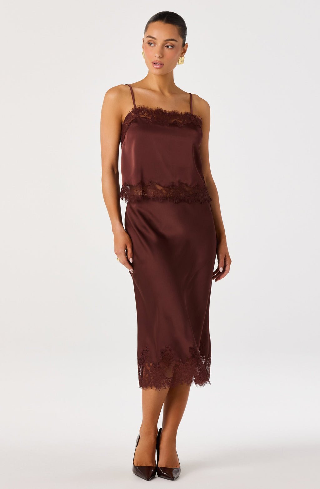 Britney Lace Trim Satin Midi Skirt