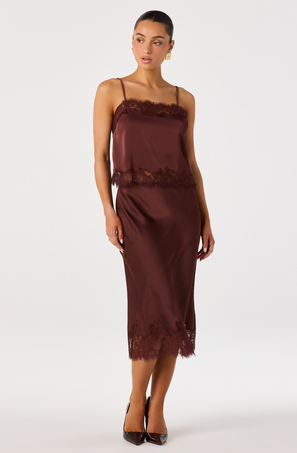 Britney Lace Trim Satin Midi Skirt