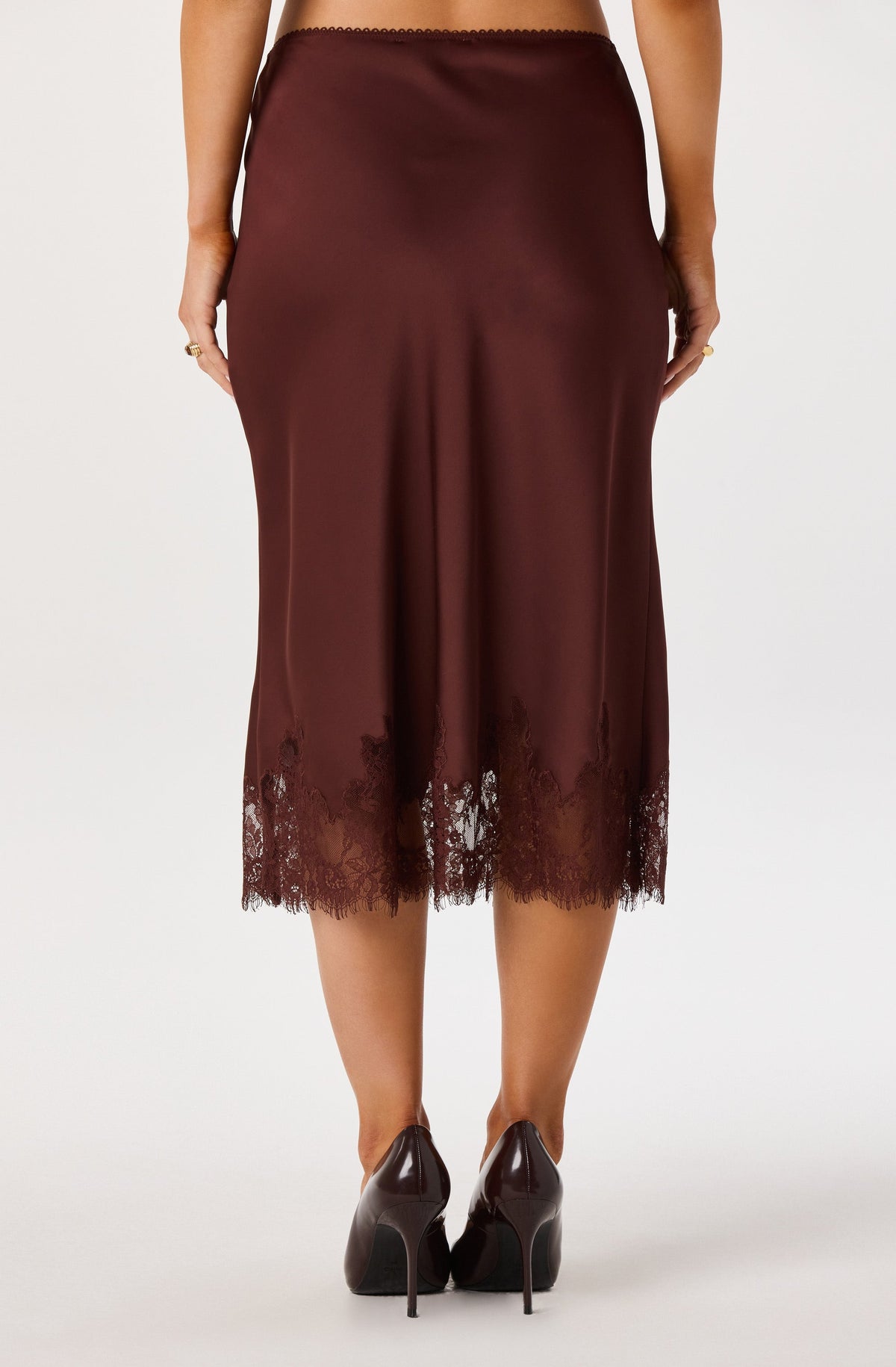 Britney Lace Trim Satin Midi Skirt