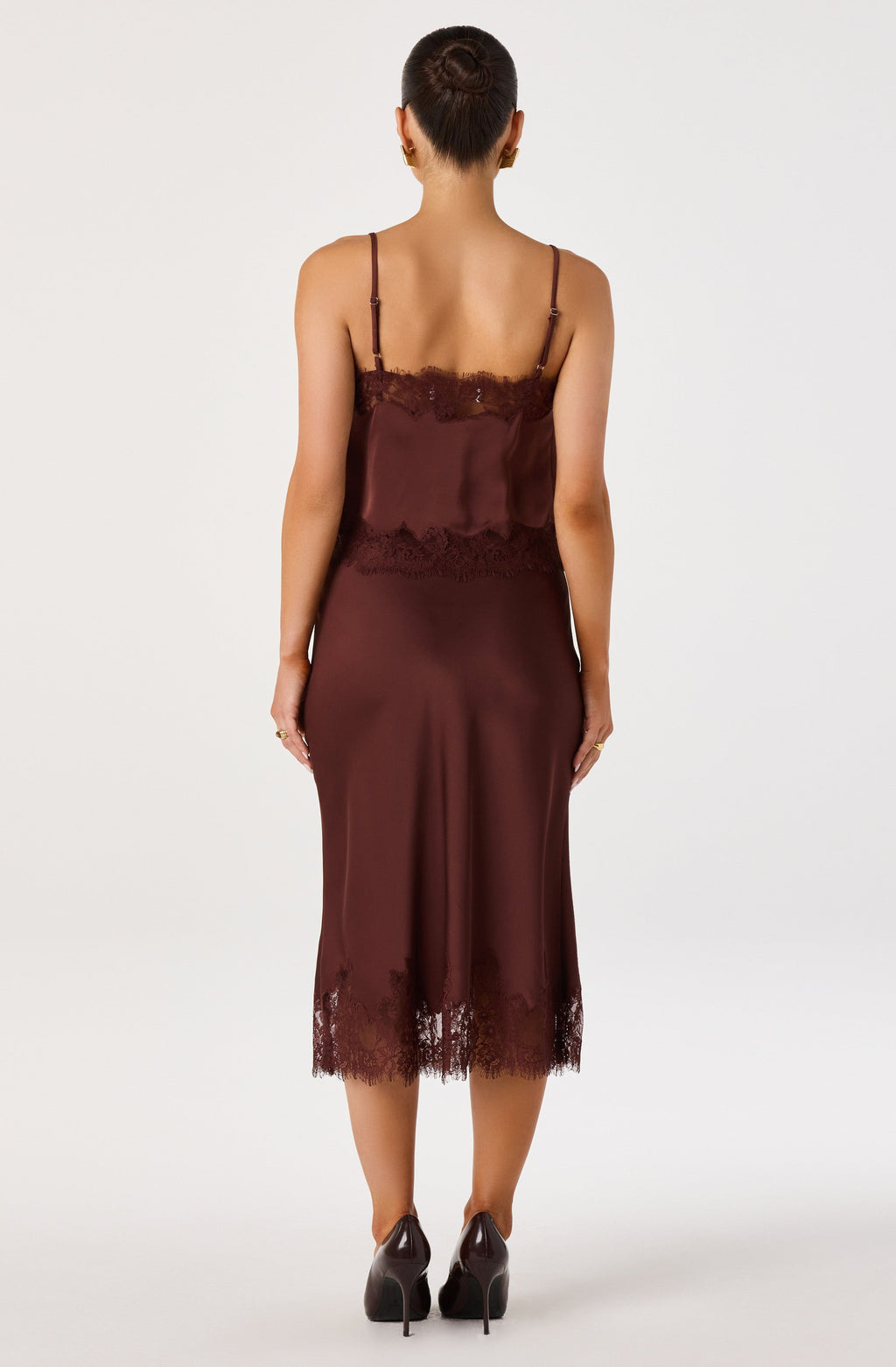 Britney Lace Trim Satin Midi Skirt