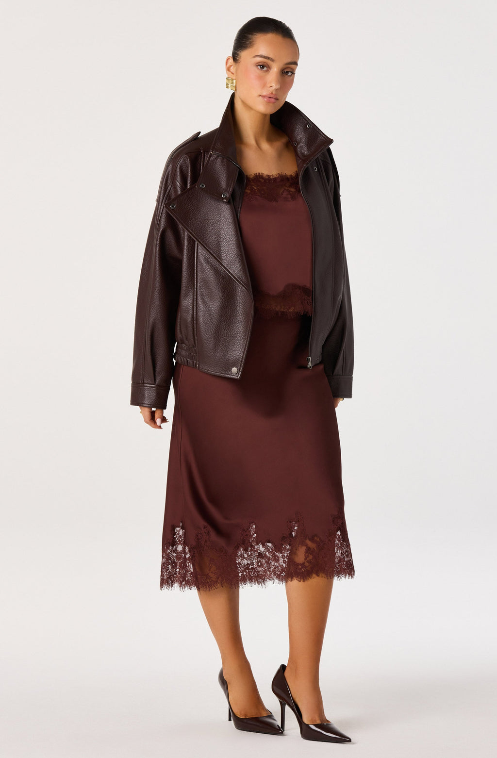 Britney Lace Trim Satin Midi Skirt