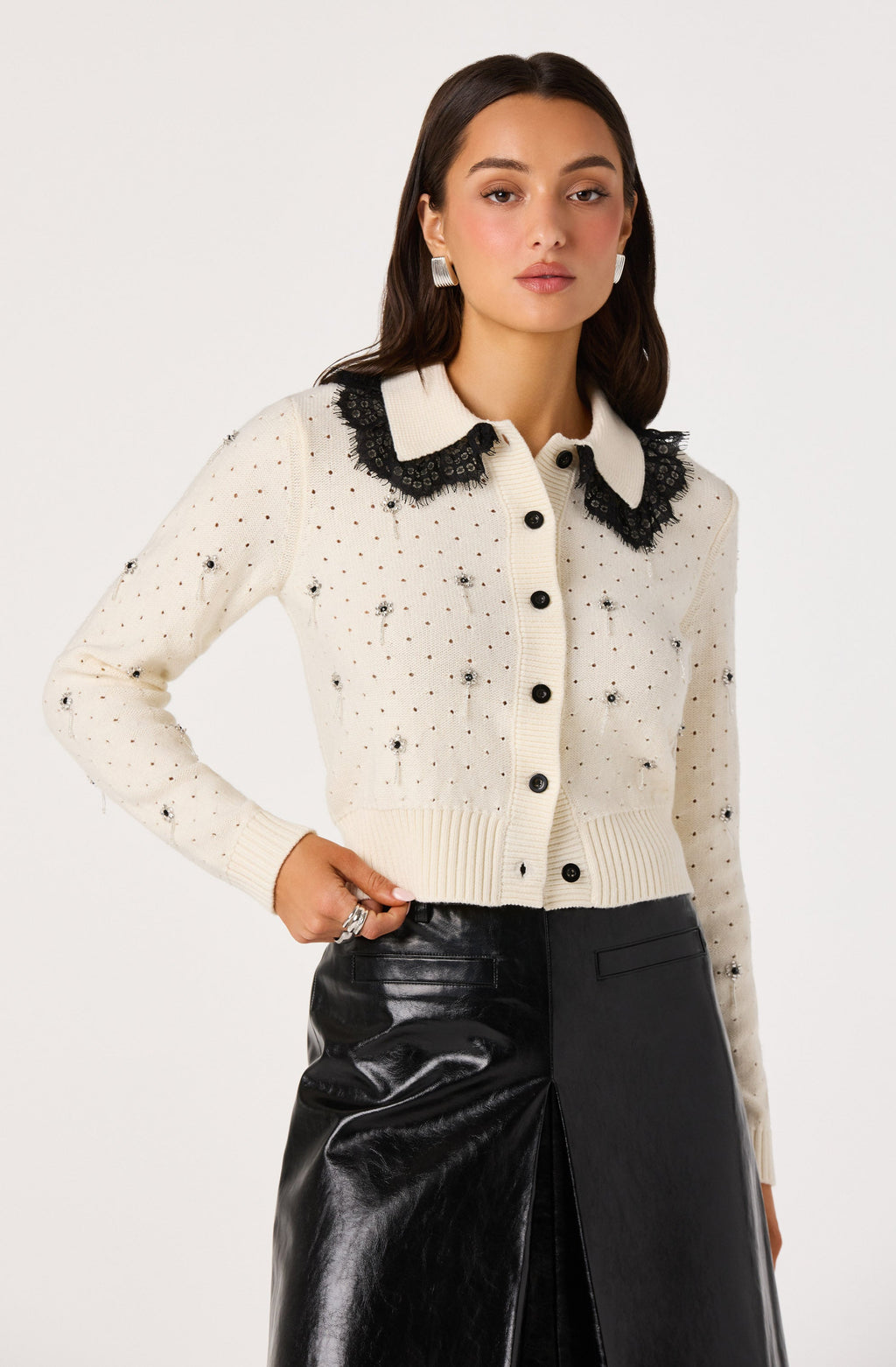 Dallyn Lace Collar Embellished Pointelle Cardigan