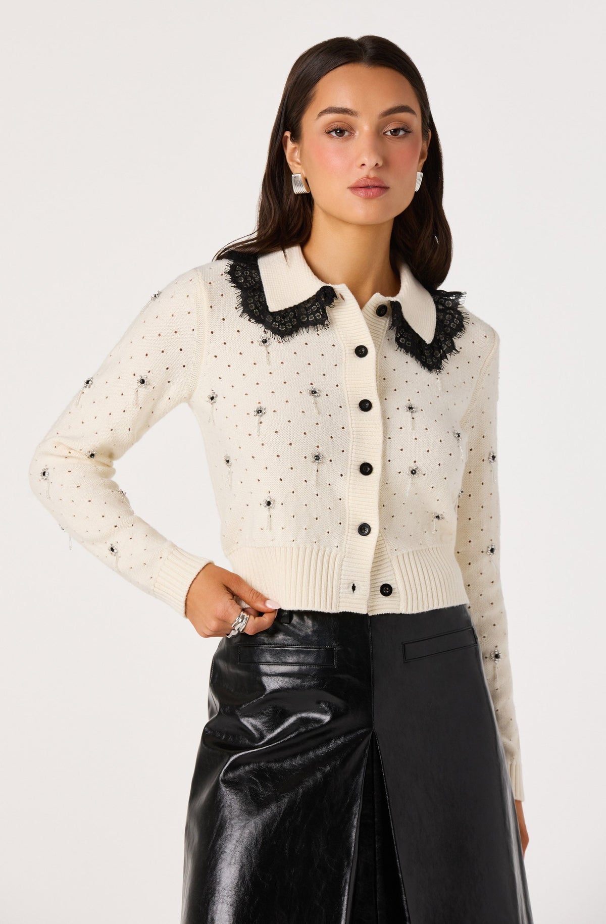 Dallyn Lace Collar Embellished Pointelle Cardigan