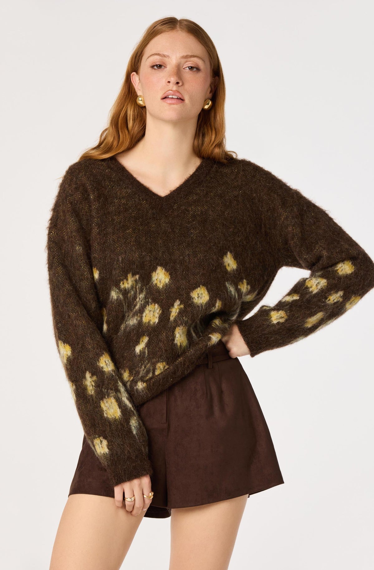 Bowie Brushed Floral V-Neck Sweater