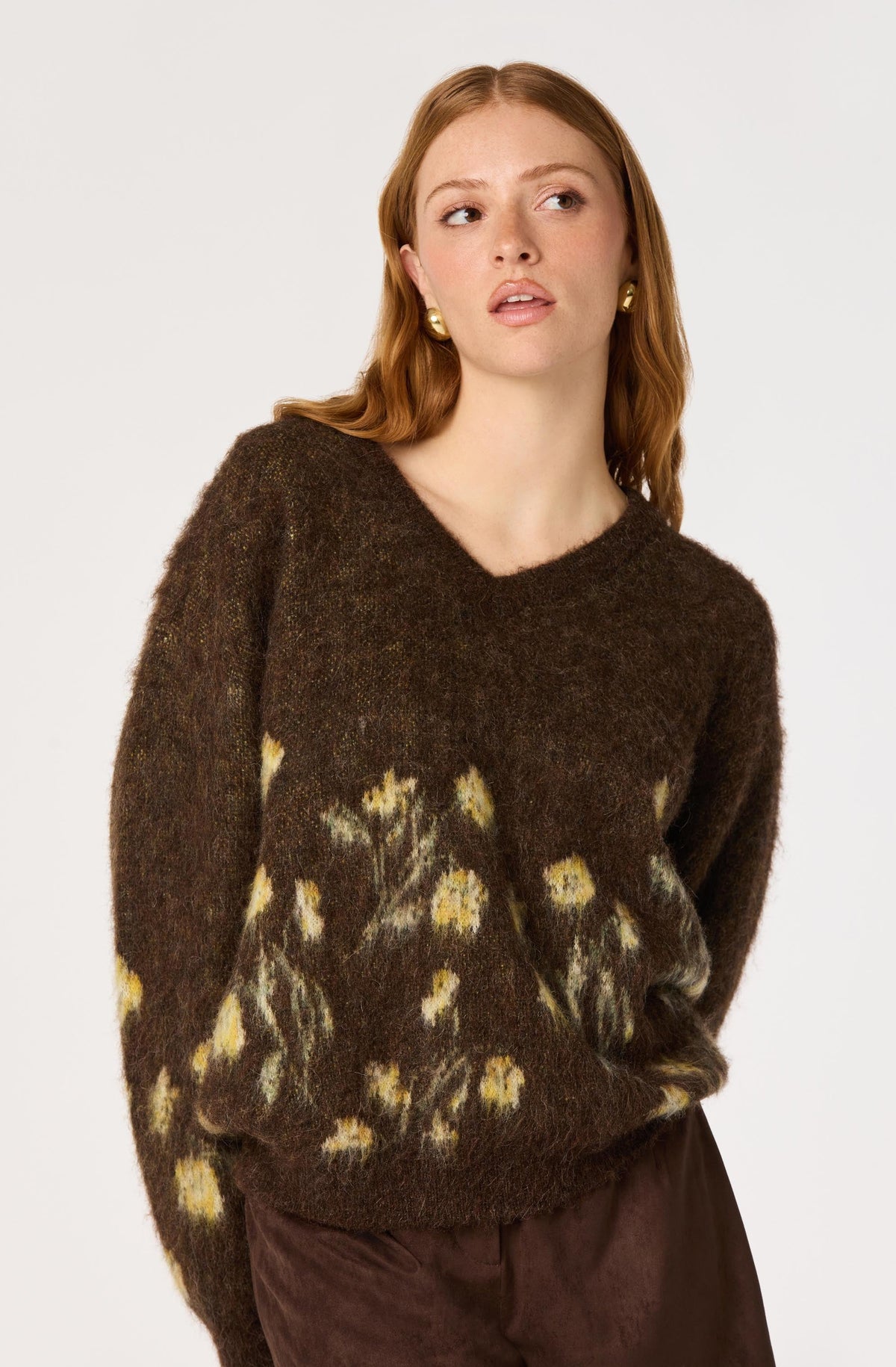 Bowie Brushed Floral V-Neck Sweater