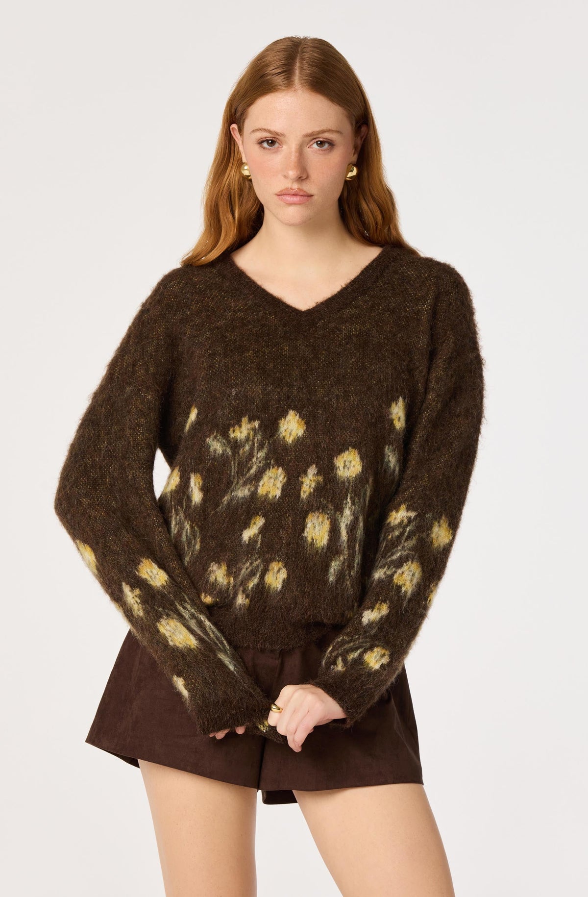 Bowie Brushed Floral V-Neck Sweater