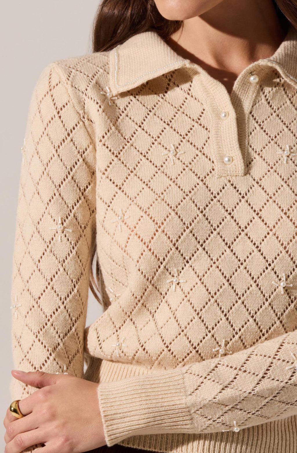 Aspyn Embellished Pointelle Polo Sweater