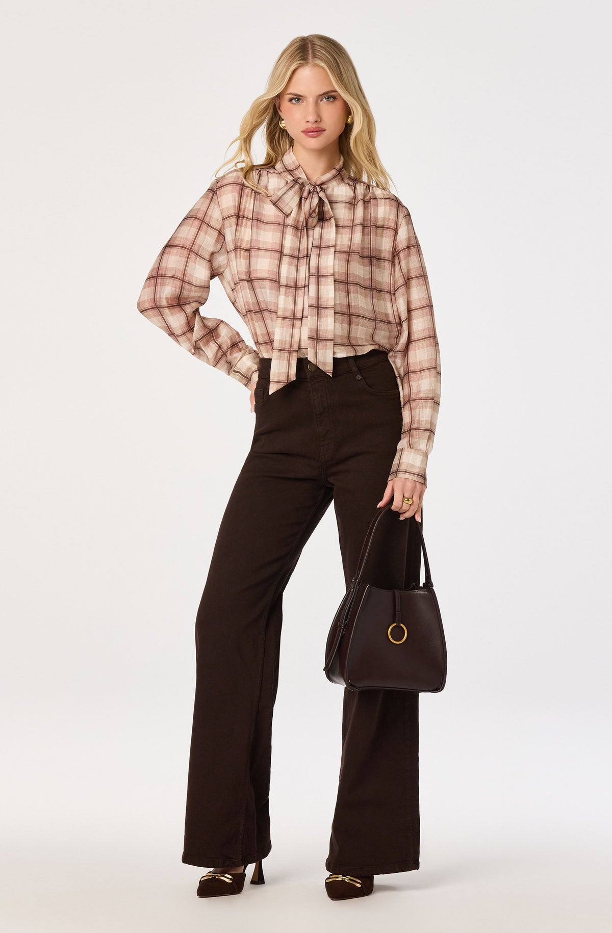 Mabry Plaid Tie-Neck Blouse