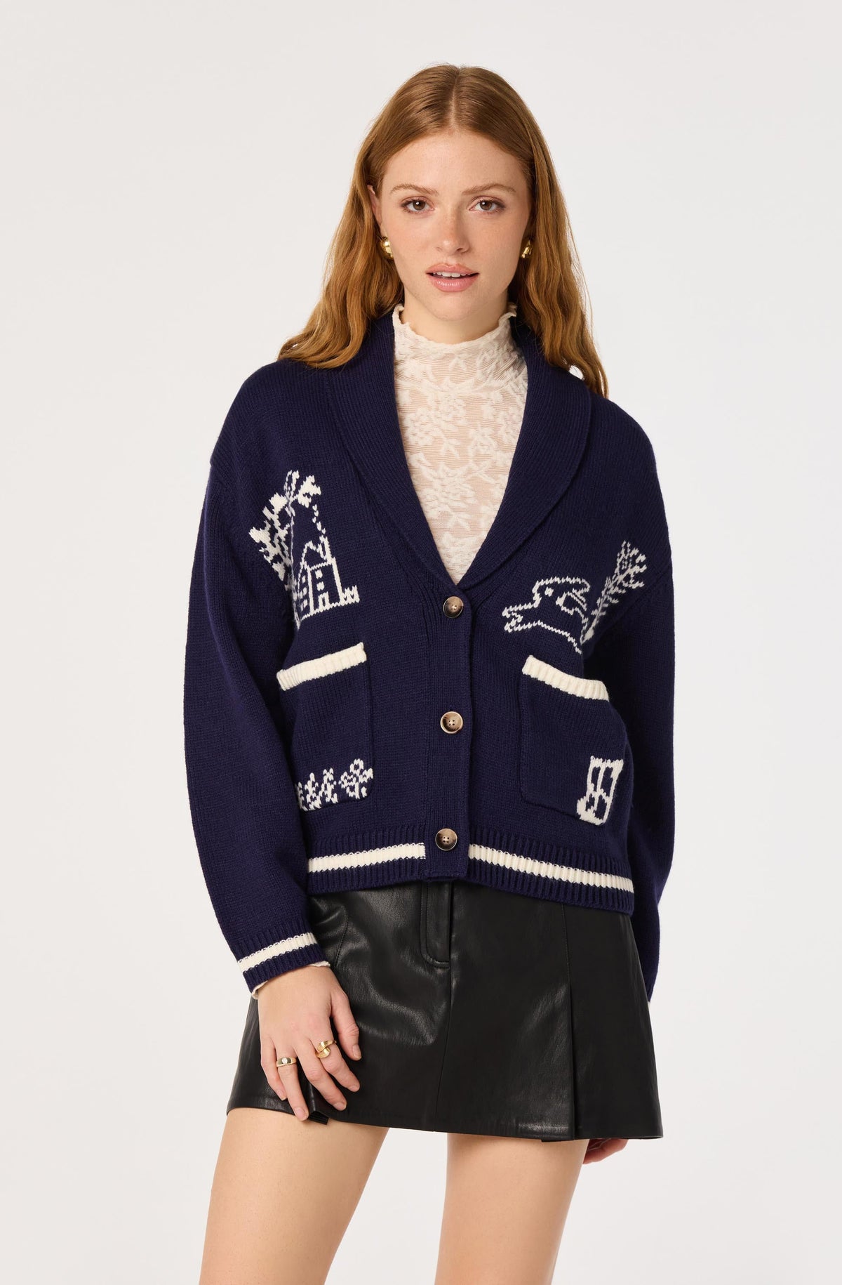 Ayleen Intarsia Shawl Collar Cardigan