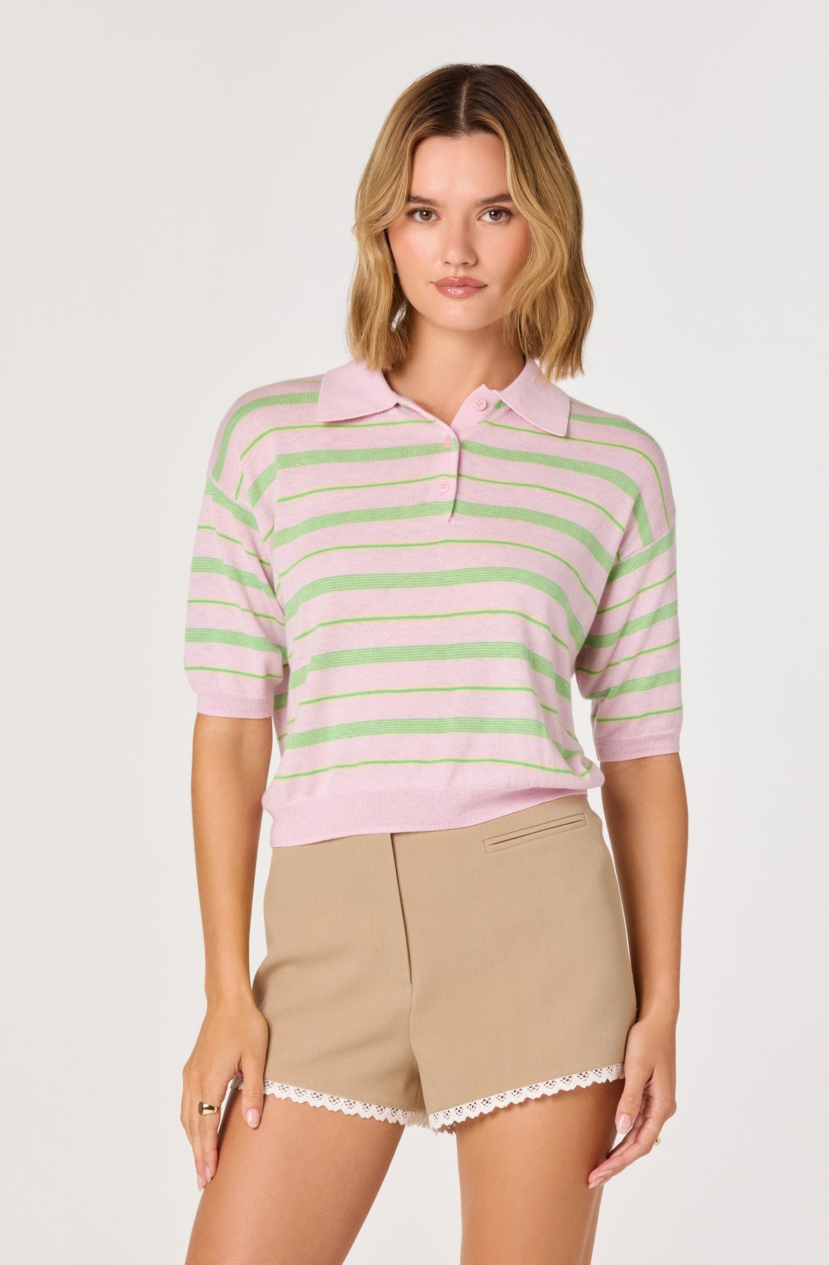 Scottie Striped Knit Polo Sweater - Pink stripe