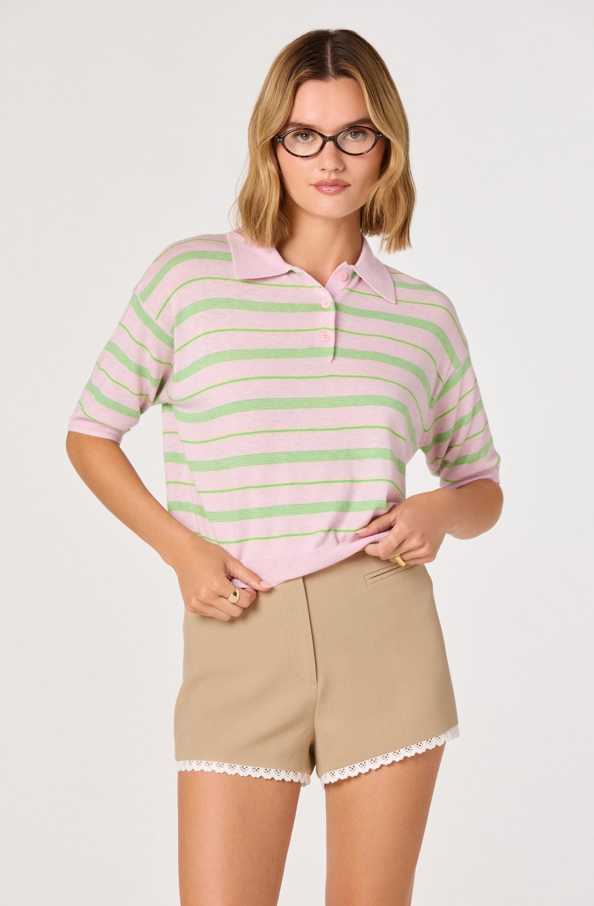Scottie Striped Knit Polo Sweater - Pink stripe
