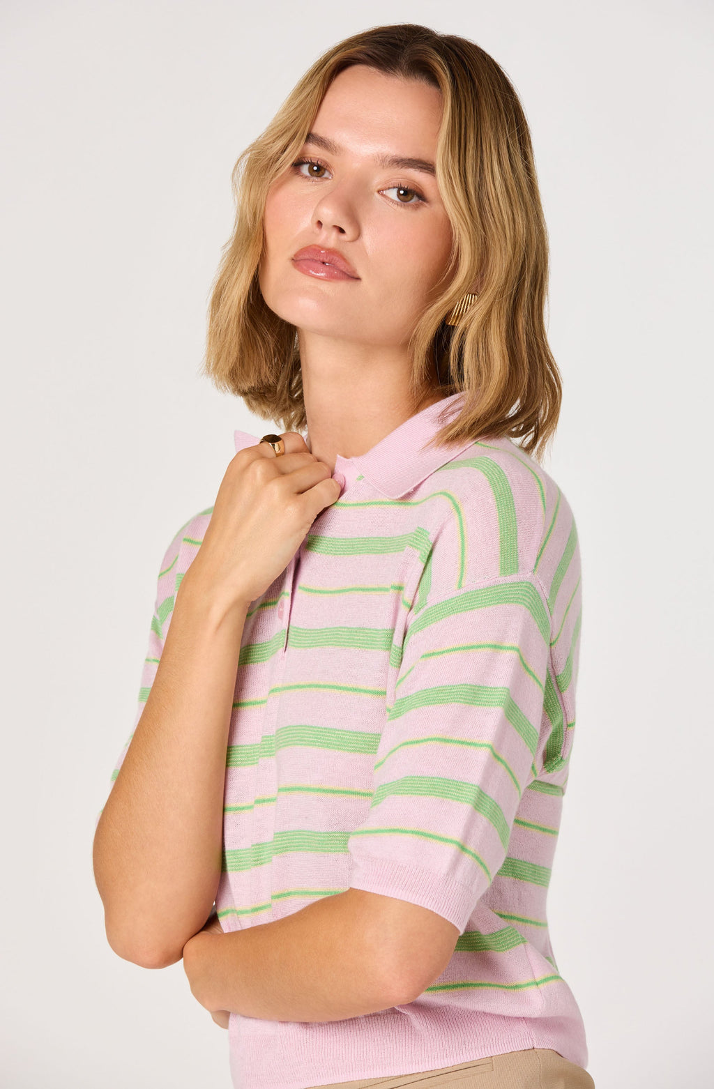 Scottie Striped Knit Polo Sweater - Pink stripe