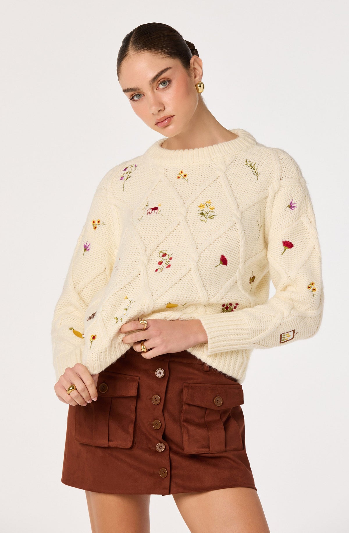 Rose Embroidered Diamond Knit Sweater