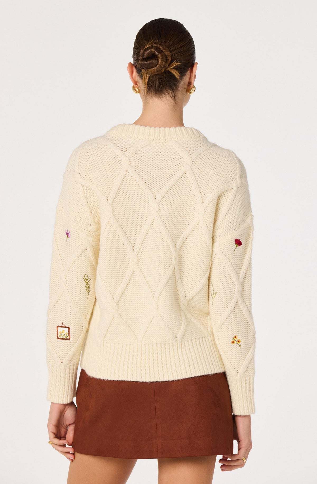Rose Embroidered Diamond Knit Sweater
