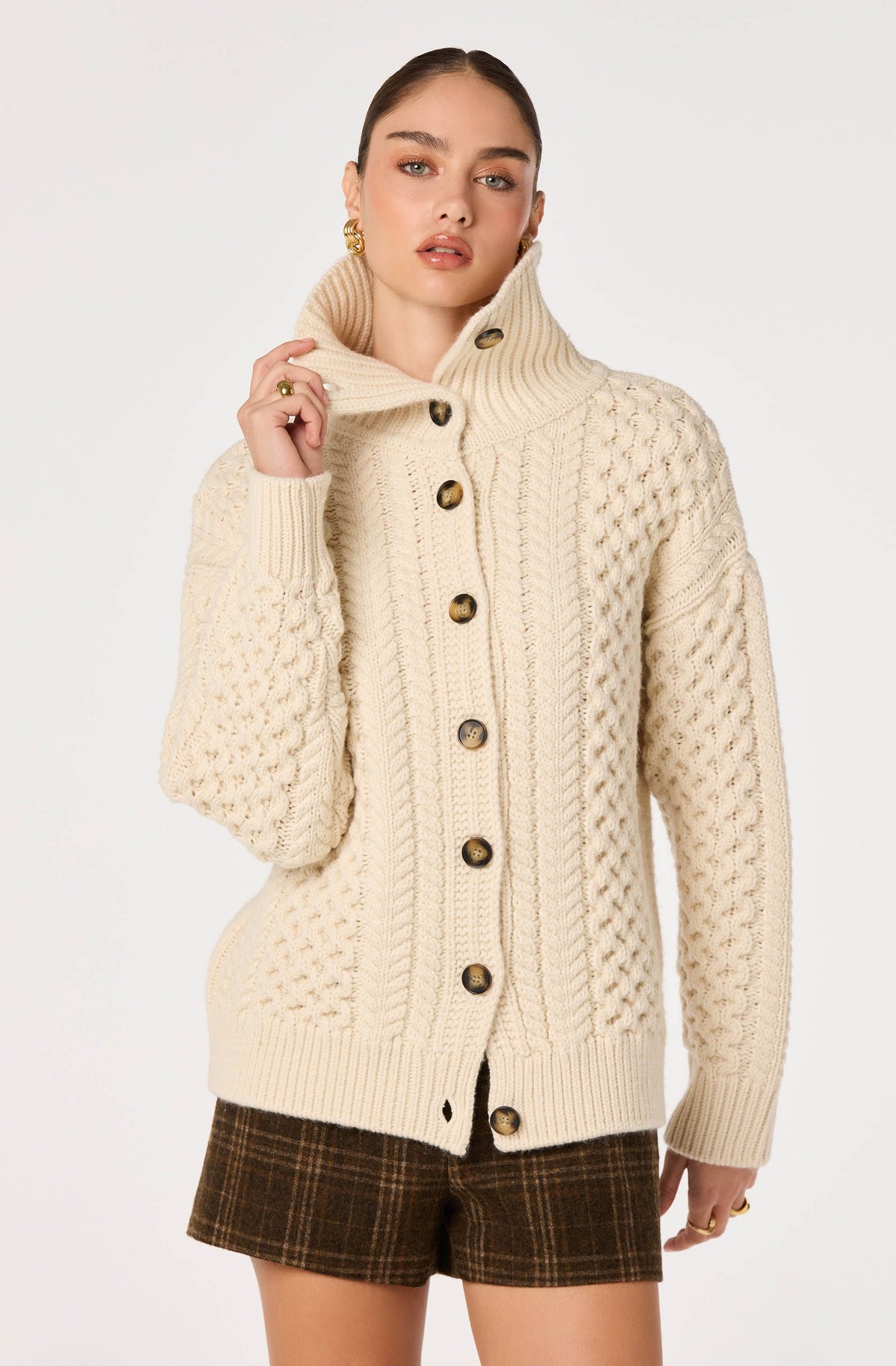 Crystelle Cable Knit Funnel Collar Cardigan