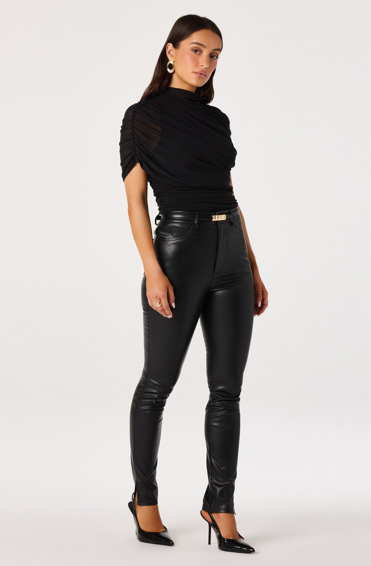 Adrya Ruched Mesh Asymmetric Wrap Top