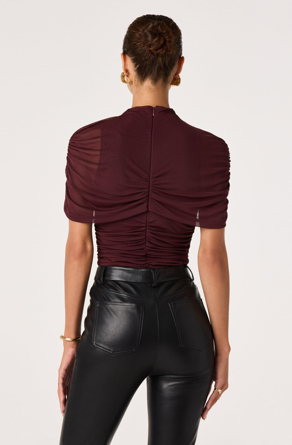 Adrya Ruched Mesh Asymmetric Wrap Top