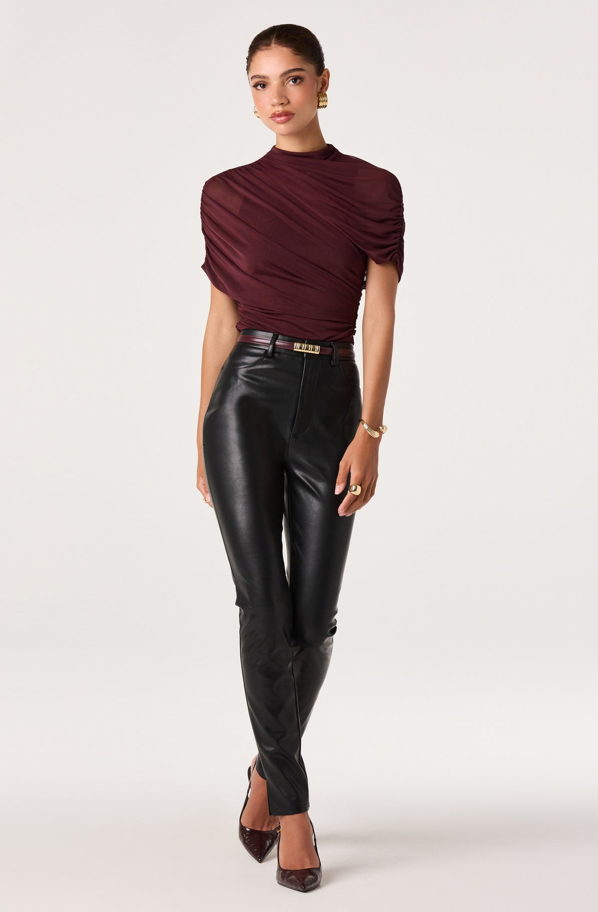 Adrya Ruched Mesh Asymmetric Wrap Top