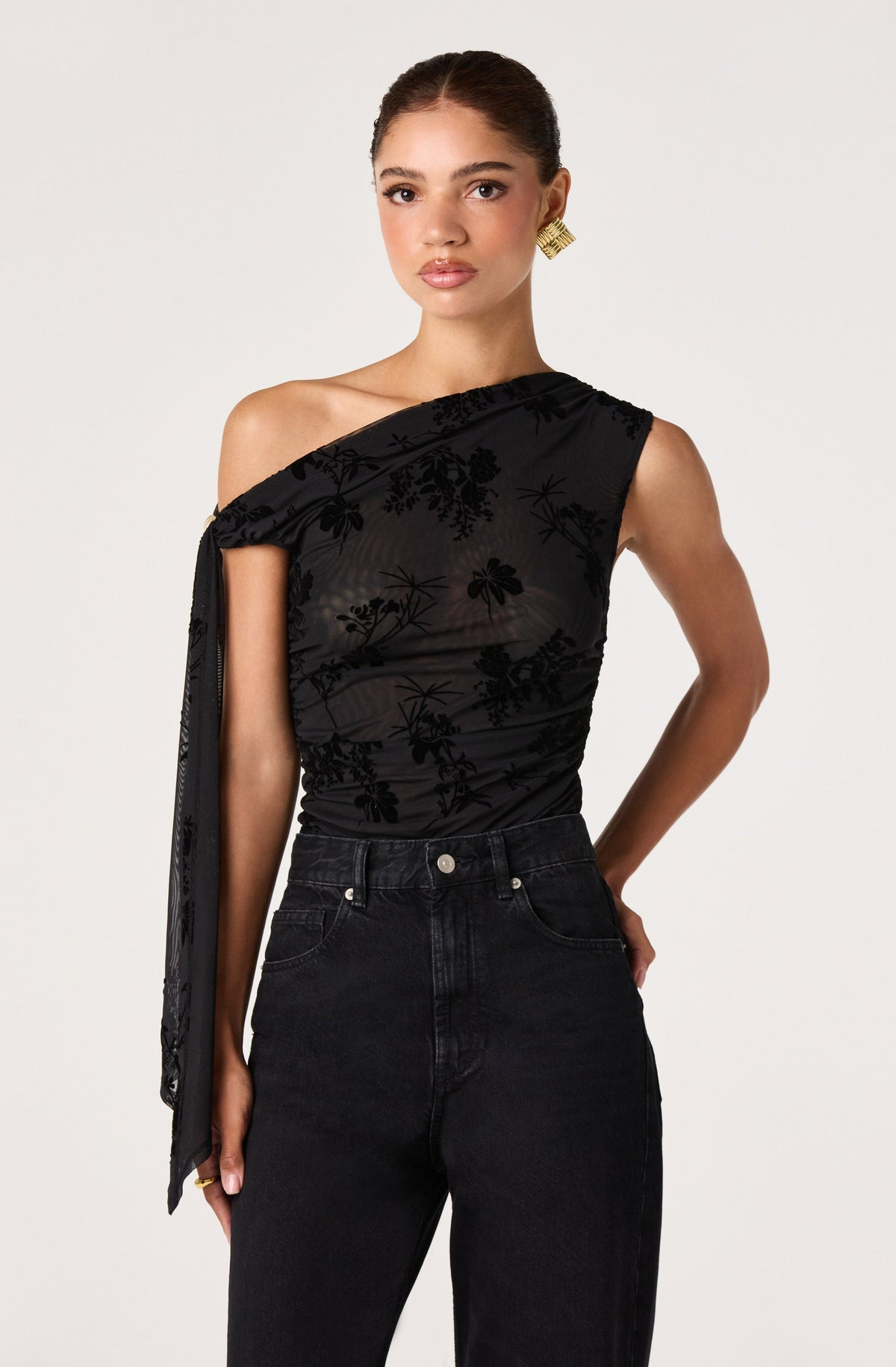 Marion Draped One Shoulder Mesh Top
