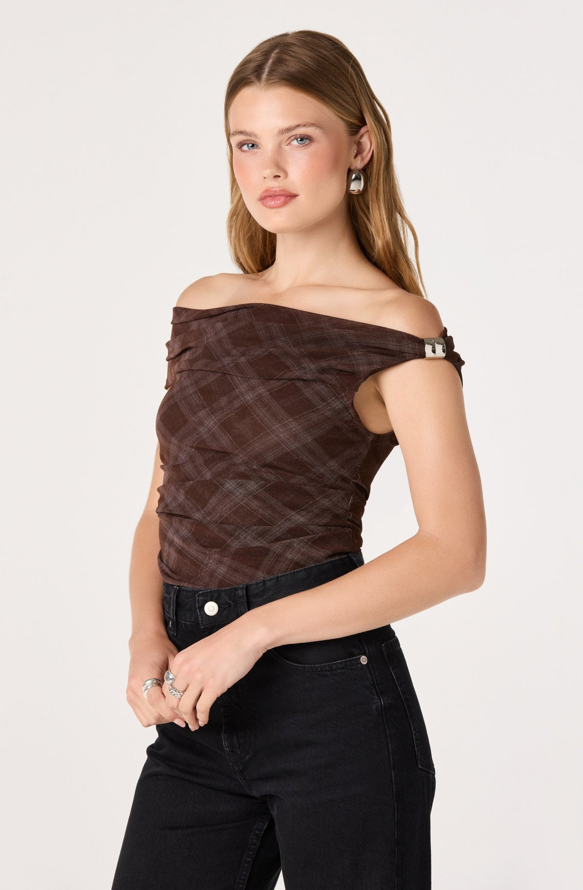 Yvette Plaid Mesh Off Shoulder Top