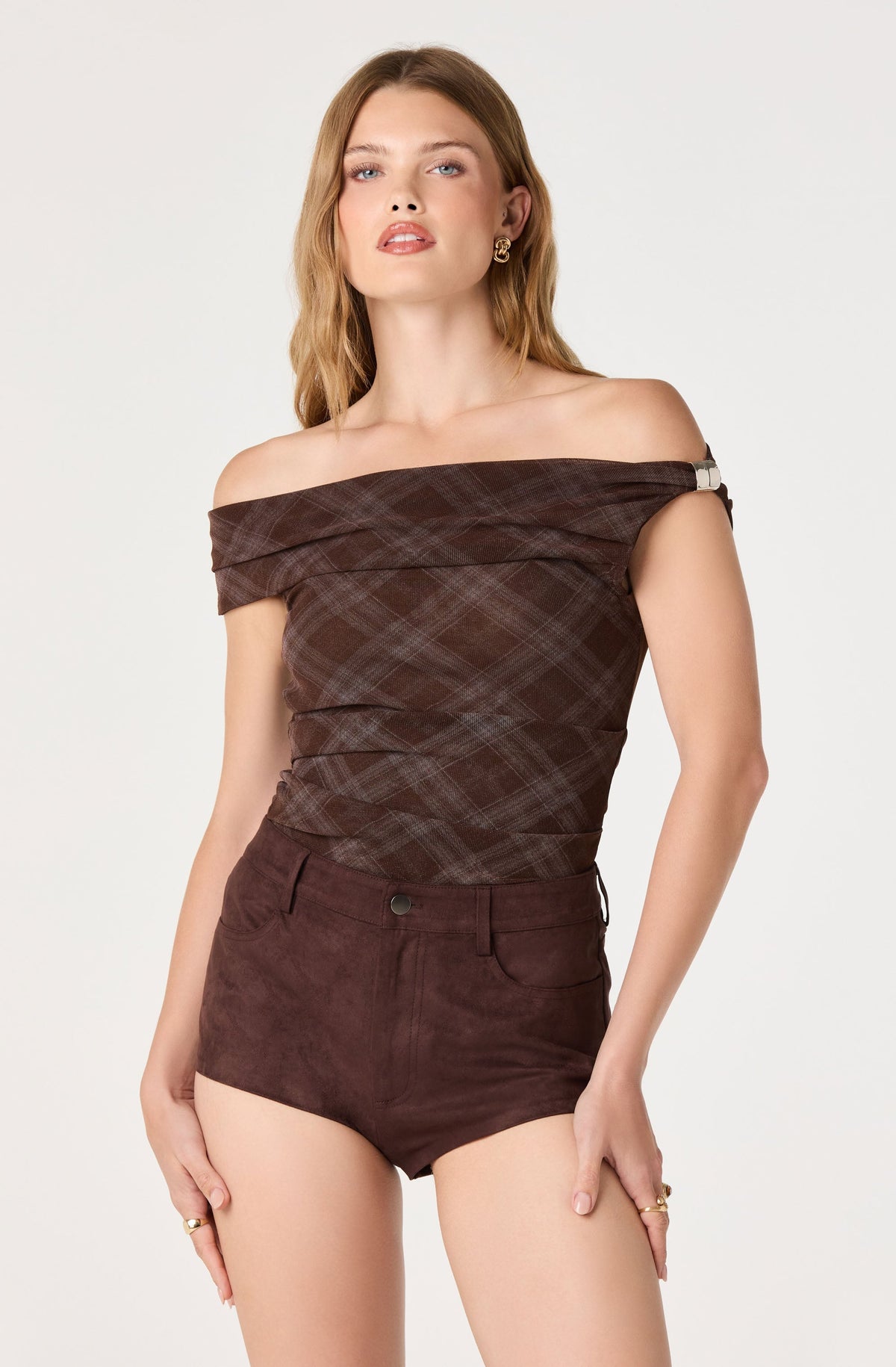 Yvette Plaid Mesh Off Shoulder Top
