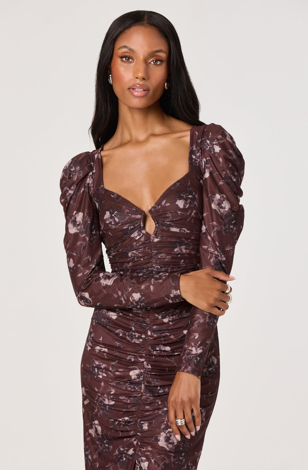 Ruched Mesh Midi Dress