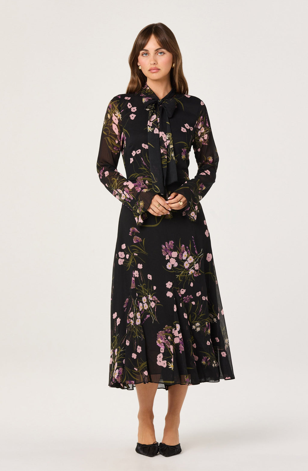 Tie-Neck Ruffled Floral Midi Dress