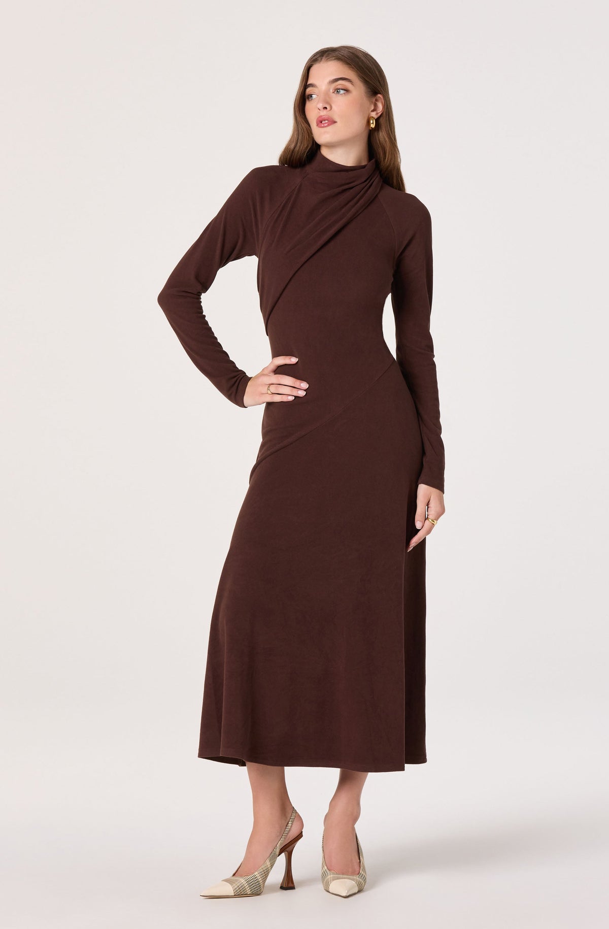 Draped Mock Neck Knit Midi Dress