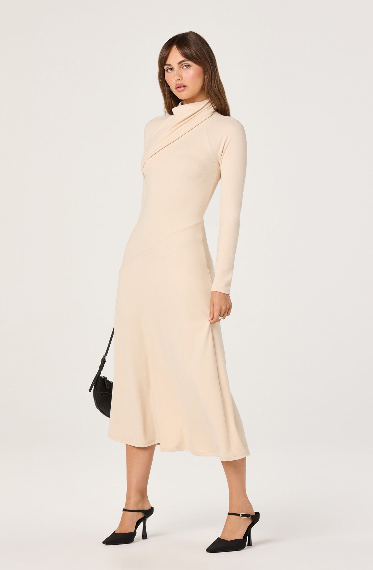 Draped Mock Neck Knit Midi Dress