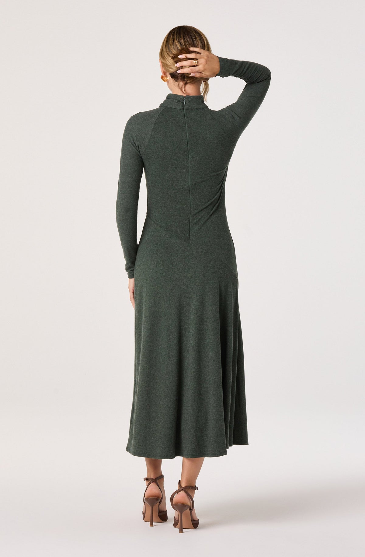 Draped Mock Neck Knit Midi Dress