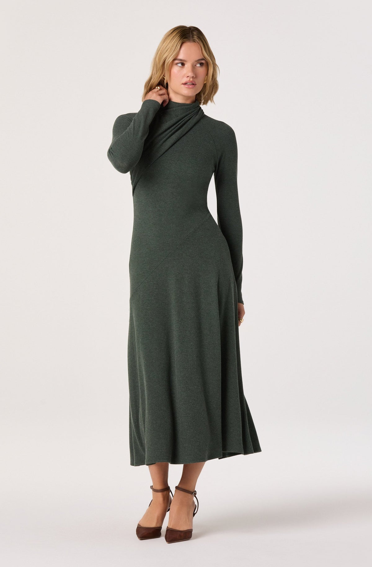 Draped Mock Neck Knit Midi Dress