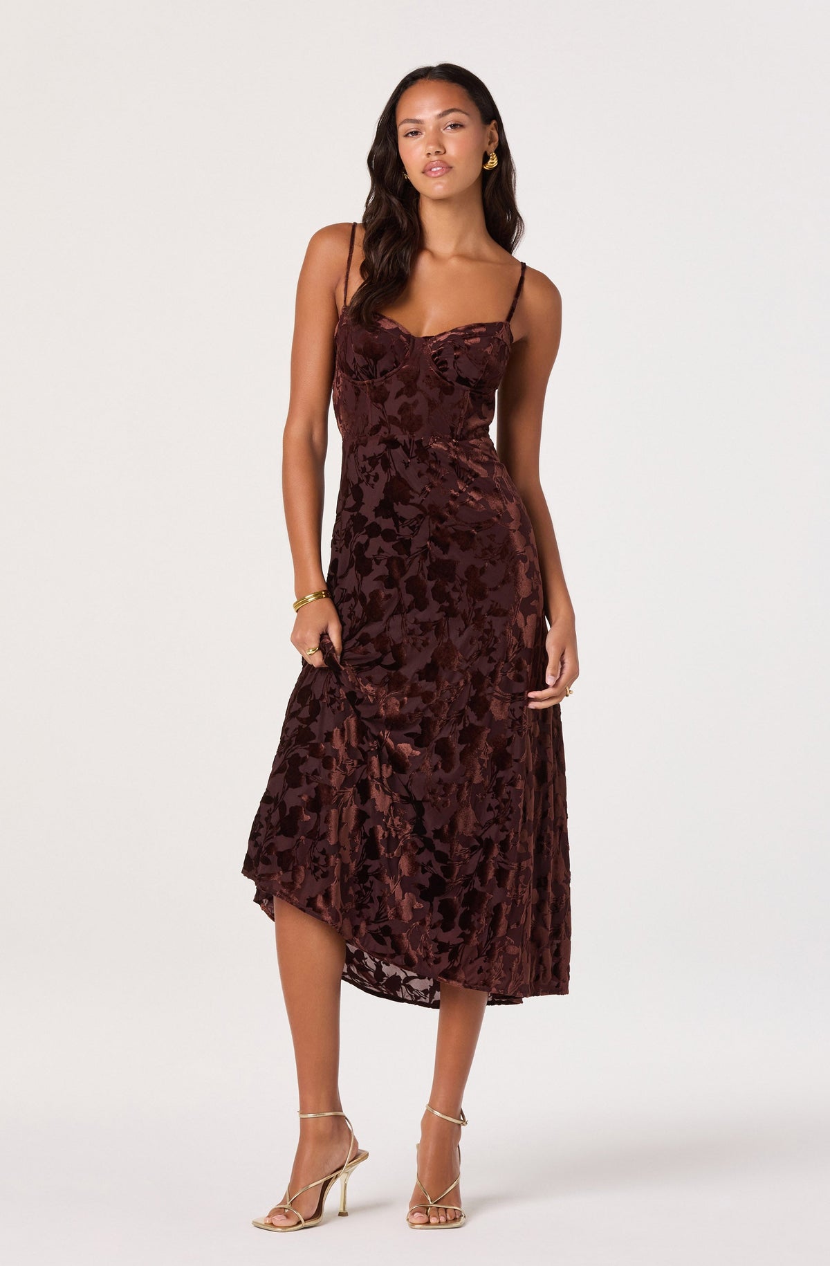 Velvet Floral Burnout Bustier Midi Dress