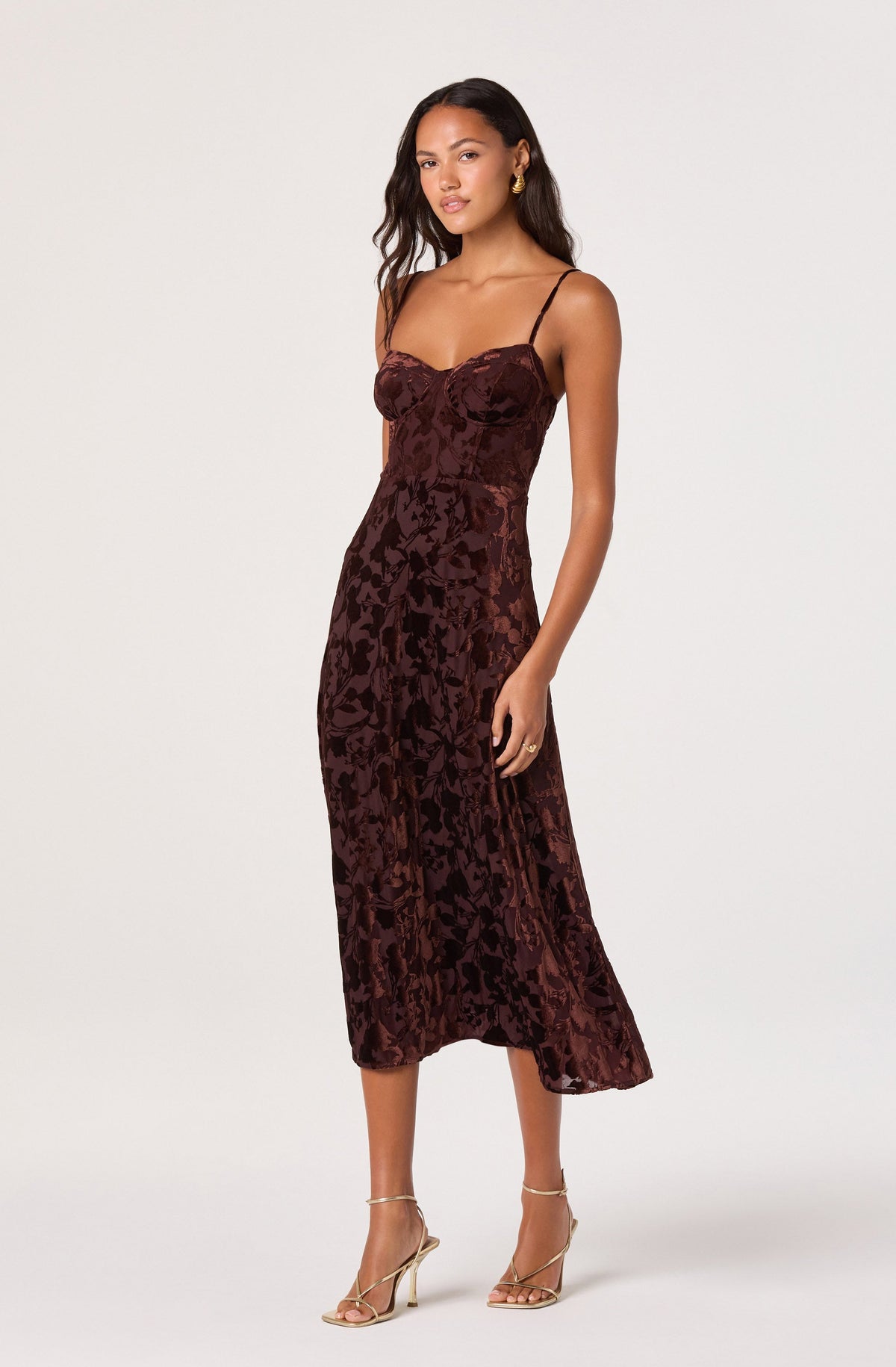 Velvet Floral Burnout Bustier Midi Dress