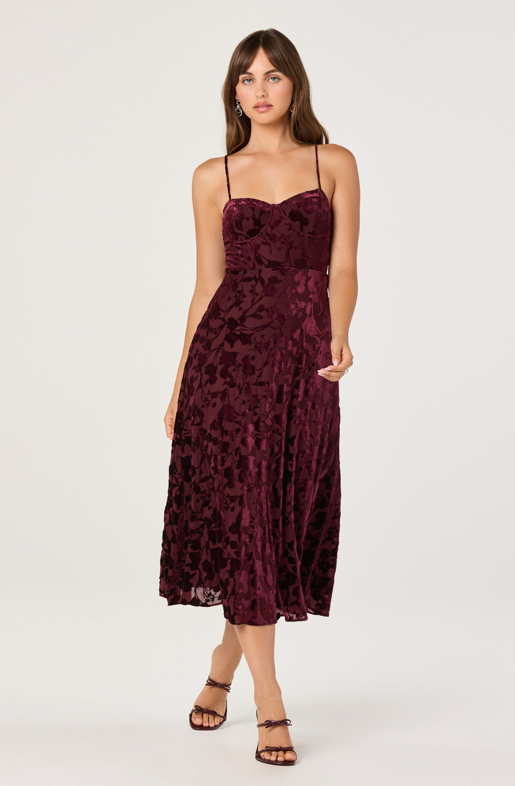 Velvet Floral Burnout Bustier Midi Dress