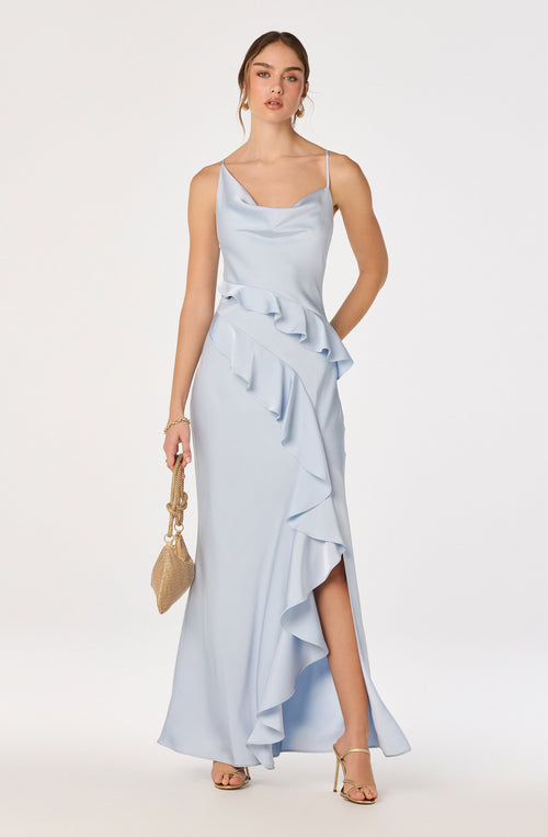 Adelina Satin Ruffle Maxi Dress