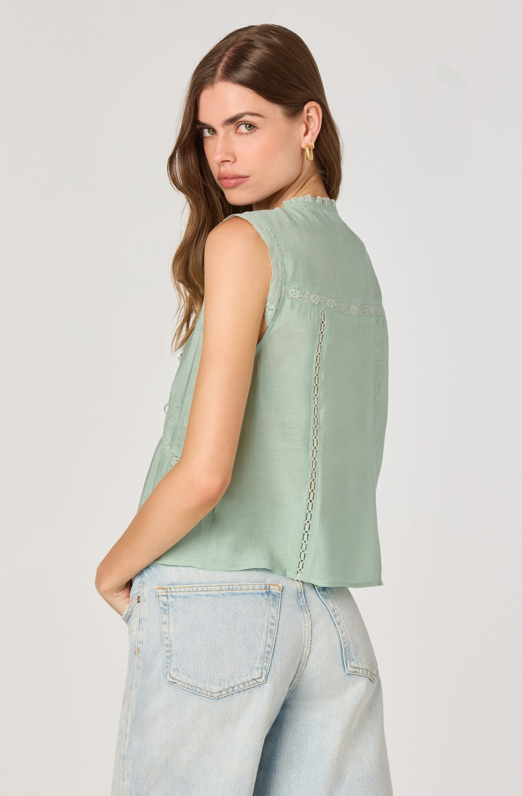 Lace trimmed tie front top