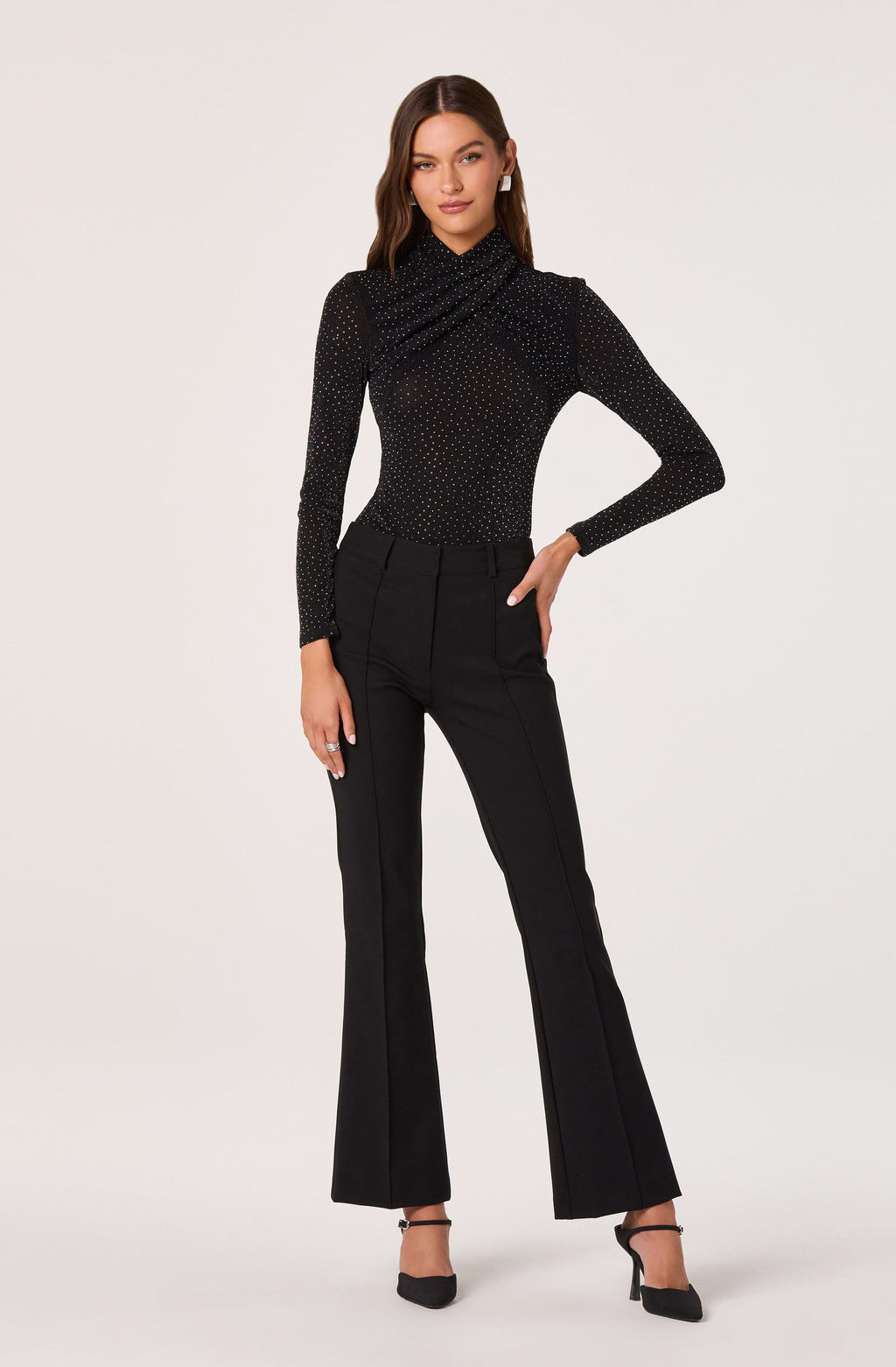 Embellished Crossover Mock Neck Top