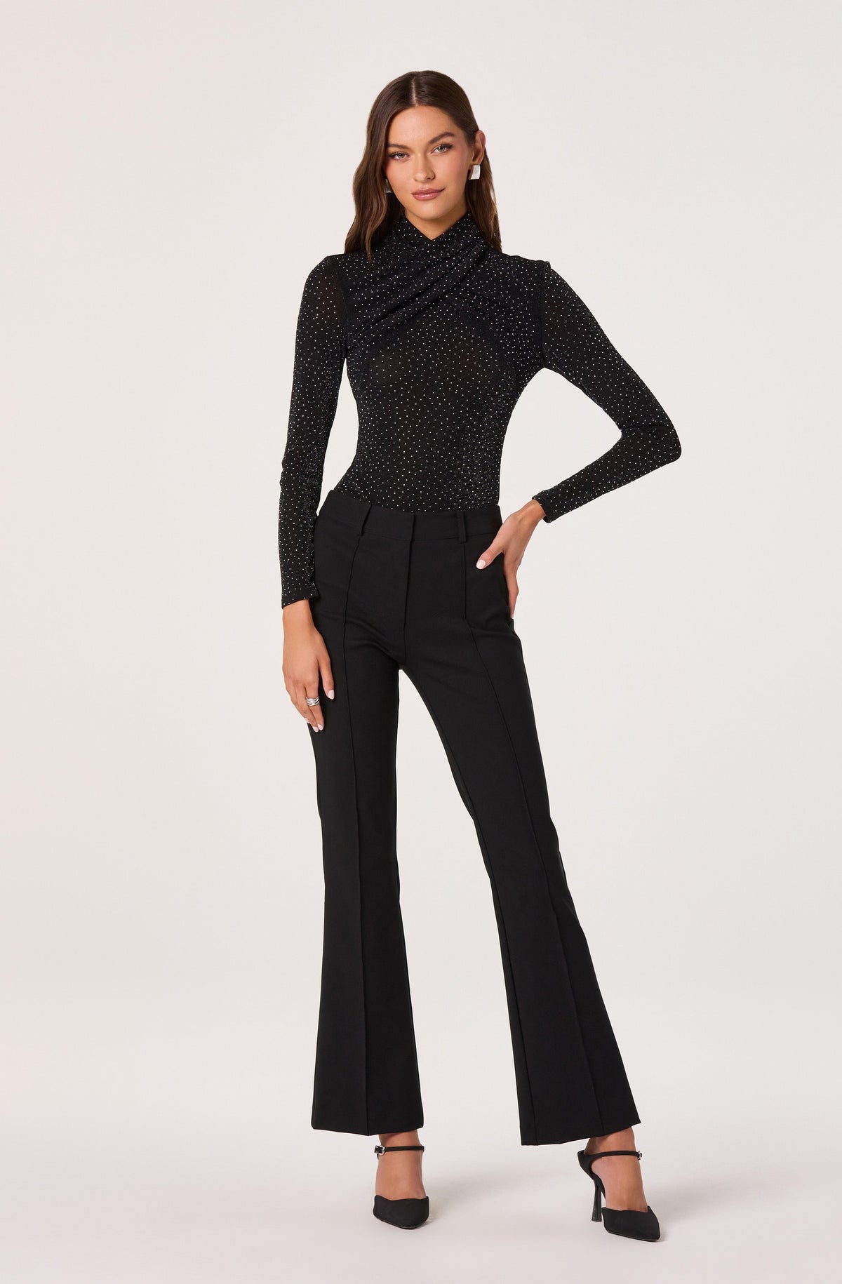 Embellished Crossover Mock Neck Top