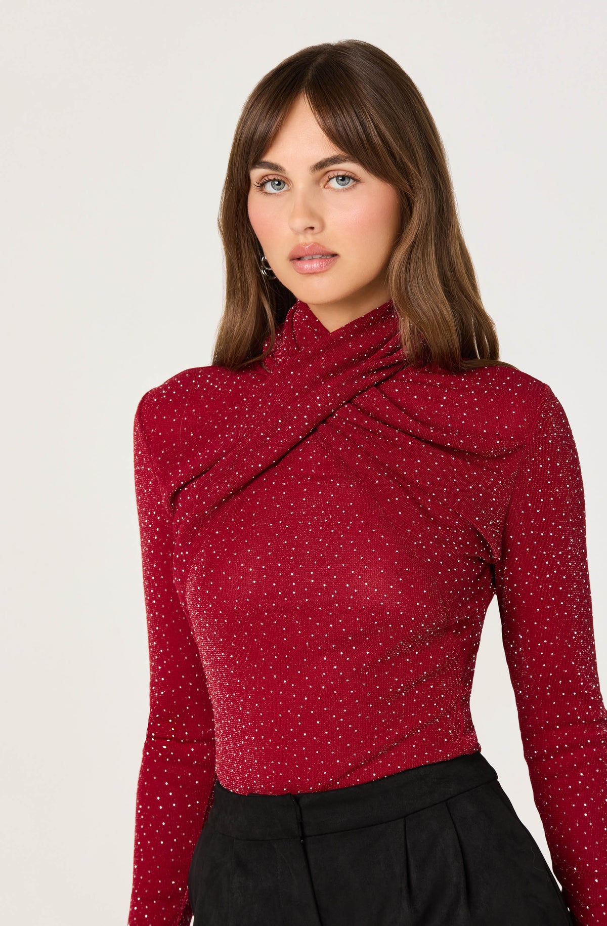 Embellished Crossover Mock Neck Top
