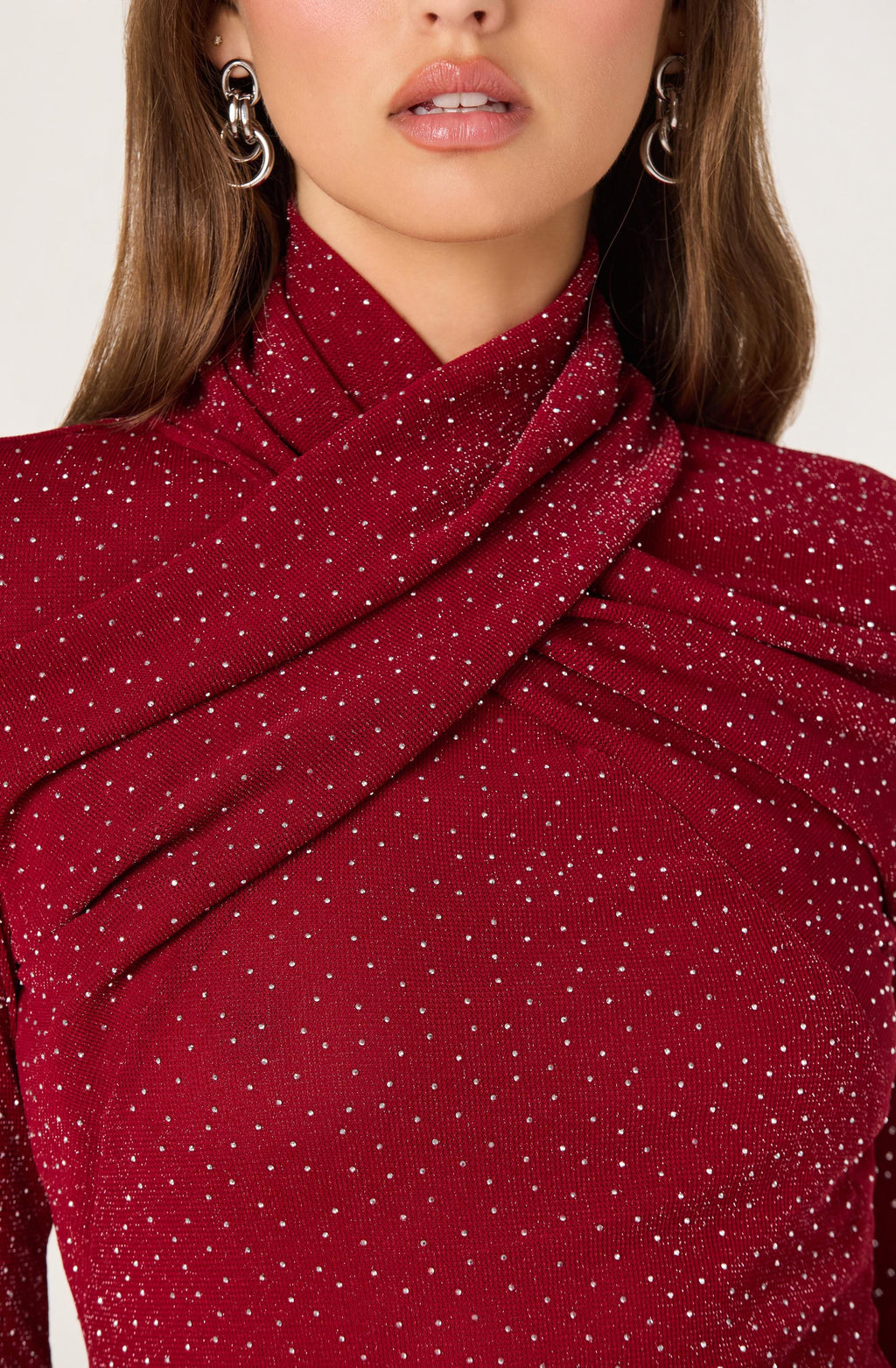 Embellished Crossover Mock Neck Top