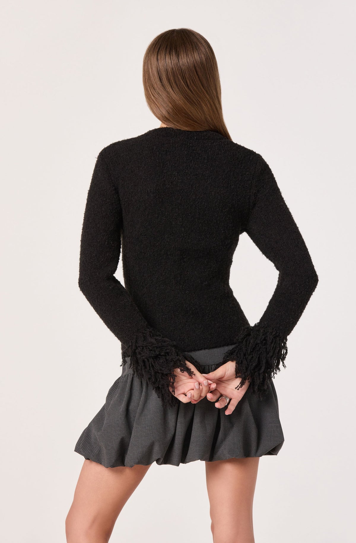 Fringe Sleeve Bouclé Knit Cardigan